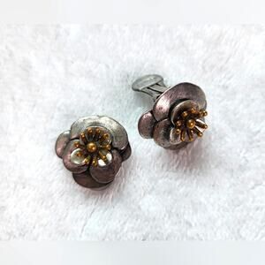 CHICO'S Elegant Silver and Brass Clip-on Flower Earrings